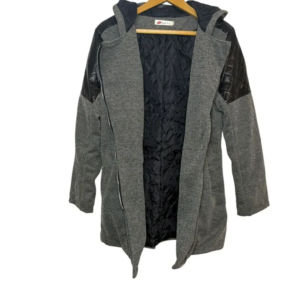 Xian‎ Xian Lined Jacket Coat Black Grey Leather Outercoat Women Size XL NWOT